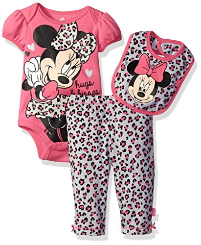 Disney Baby Girls' Minnie Mouse 3 Piece Soft Bodysuit, Cherry Pink, 6-9 Months