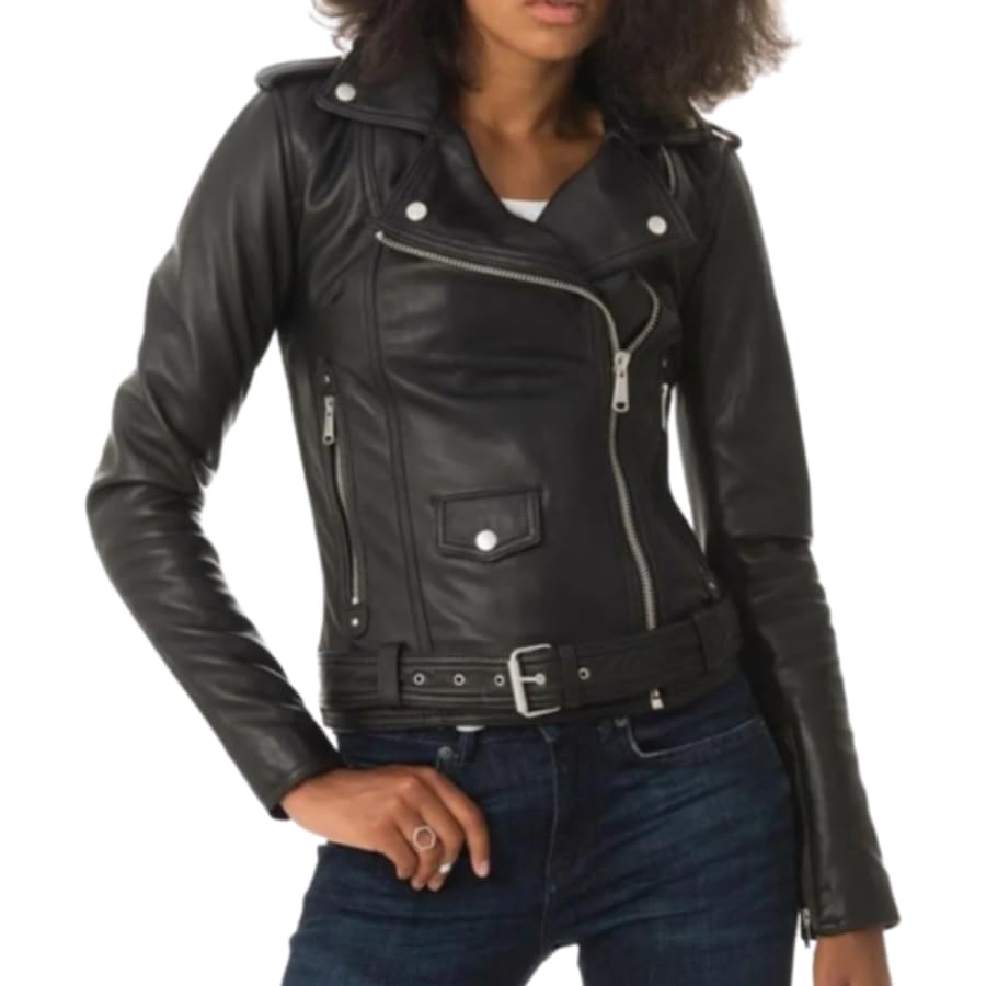 Women's Lambskin Soft Real Leather Jacket Motorcycle Black Slim Fit Biker Jacket