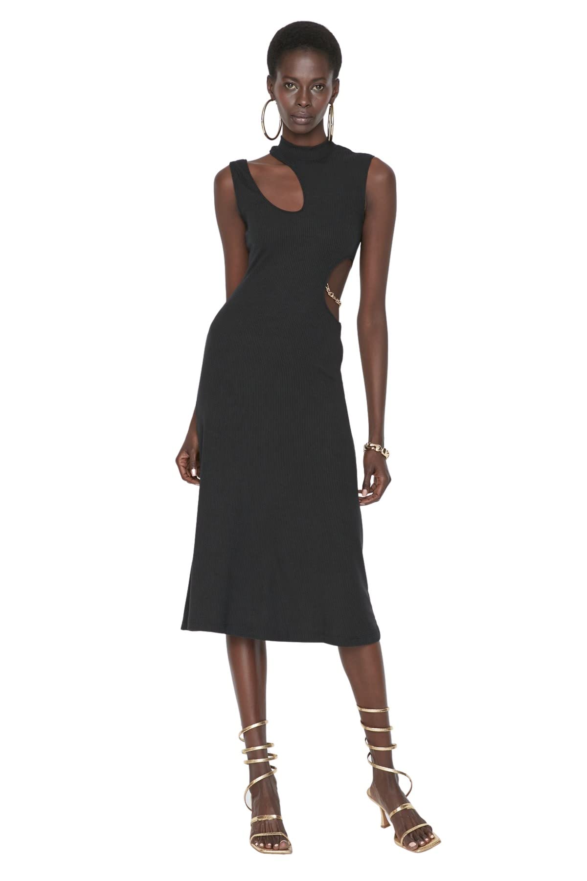 Trendyol Vestido Ajustado Midi Recto, Negro, 38 para Mujer