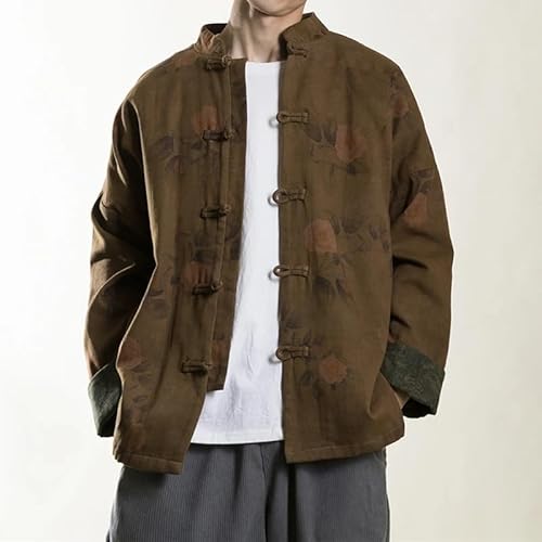 KANG POWER Vestido tradicional chinês vintage gola alta jaqueta masculina estampa casual tai chi kun