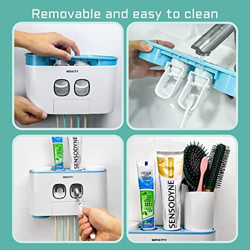 Toothbrush Holder Wall Mounted, Wekity Multi-Functional Toothbrush And Toothpaste Dispenser For Bathroom, With 5 Toothbrush Slots, 2 Toothpaste Squeezers And 4 Cups(Blue) #TOP4