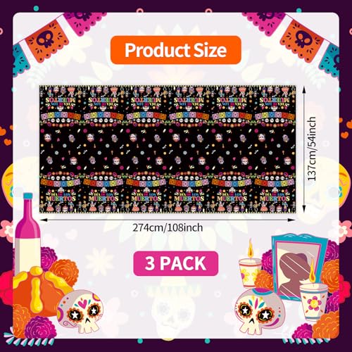 Image of Gistome 3-Piece 54 x 108 Inch Day of the Dead Plastic Tablecloth - Colorful Sugar Skull Disposable Table Cover for Dia de Los Muertos, Mexican Fiesta, and Halloween Party Decorations