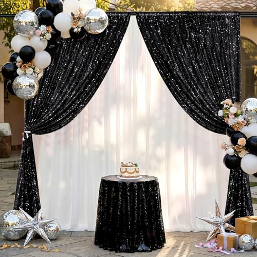 Image of Black Sequin Backdrop Curtains-2 Panels 3FTx8FT Black Backdrop for Wedding, Glitter Party Decorations Background Drapes for Birthday Party Anniversary Graduation Photo Booth Decor