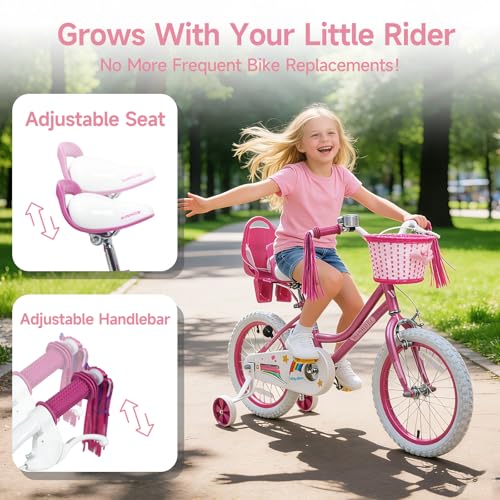 Image of WinHope Girls Bike, 12-18 Inch Children's Bicycle for 2-9 Years Old, Beginner Kids Bike with Training Wheels, Doll Seat & Basket,Streamers for Outdoor Riding, Multiple Colors