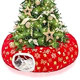 LECHONG 3-in-1 Christmas Cat Tunnel Bed & Tree Skirt, Warm & Cozy Double-Sided Fleece Hideout w/Detachable Mat, Deter Cats Damage Xmas Tree Decor, Festive Coziness
