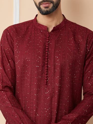 Image of See Designs Men's Long Sleeve Mandarin Collar Side Slit Embroidered Thread Work Sequinned Chanderi Silk Straight Kurta with Pyjama