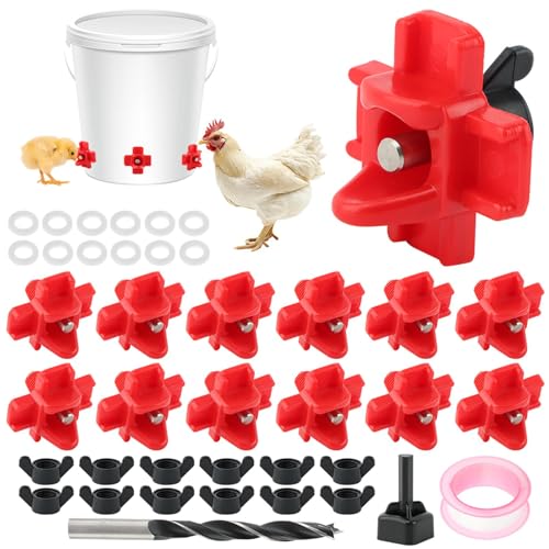 MAYIT 12pcs Chicken Waterer Nipple Horizontal Automatic Feeders with Drill Bits for Bucket Outdoor for Chicken Ducks Quail and Other Poultry(red)