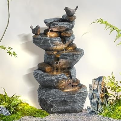 MAIBH 5-Tiers Cascading Rock Outdoor Water Fountain, Garden Freestanding Birds Waterfall Fountains Outdoor with LED Lights Birds Decor, Stacked Stone Outdoor Fountains for Garden Patio Porch, 26" H