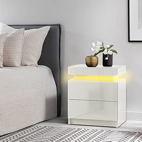 LEMROE Mesita de Noche con Frentes de Alto Brillo y Luces LED Ajustables de 16 Colores Cover