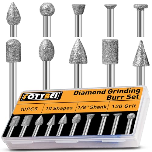FOTYBEI 10PCS Diamond Grinding Burr Bits Set Compatible with Dremel Rotary Tools, 10 Shapes 1/8" Shank 120 Grit, for Polishing, Grinding, Carving on Glass, Ceramic, Stone (10Pcs-120 Grit)