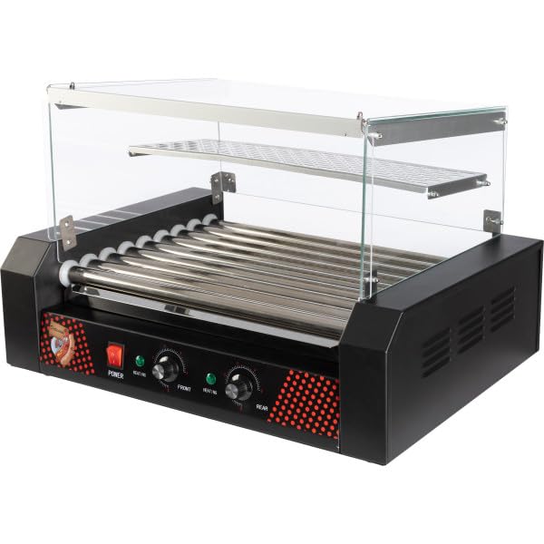 Image of Hot Dog Roller - Stainless-Steel 9-Roller Hot Dog Machine with Bun Warmer and Cover - Hotdog Roller Grill for 24 Hot Dogs by Great Northern Popcorn