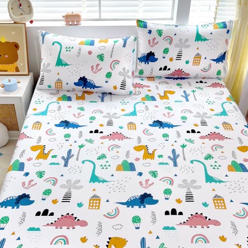 Homilay Queen Sheet Set Kids - Dinosaur 4 Pieces Soft Microfiber Cartoon Style Bedsheets for Boys Girls Teens Oeko TEX Breathable 15 Inch Deep Pocket Sheets(Jurassic Period)