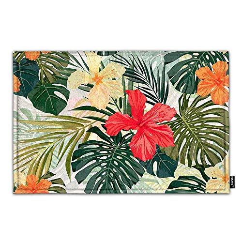 HOSNYE Hibiscus Flowers Non Slip Door Mat Summer Colorful Hawaiian Tropical Plants Palm Leaf Home Bathroom Bath Shower Bedroom Mat Toilet Floor Door Mat