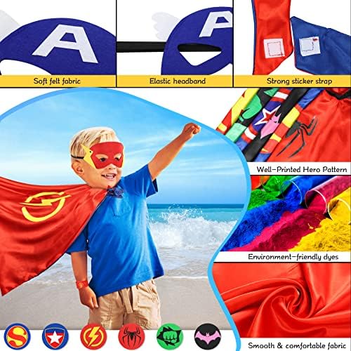 Jojoin 6/8PCS Superhero Capes for Kids, 6/8 Superheroes Wristbands Slap Bands, 6/8 Hero Masks and 1 Storage Bag, Role Play Costume Dress up Toys Gift Kids for Halloween Birthday Party Christmas