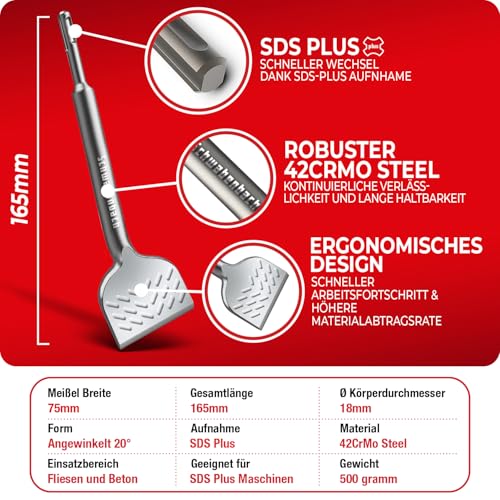 SCHWABENBACH® Fliesenmeißel SDS Plus 75 x 165 mm - Neue Design Abgewinkelt 20° - Ideal zum Abtragen von Verputz - Fliesen entfernen - Flachmeißel - Mauer schnell Abstemmen mit Bohrhammer
