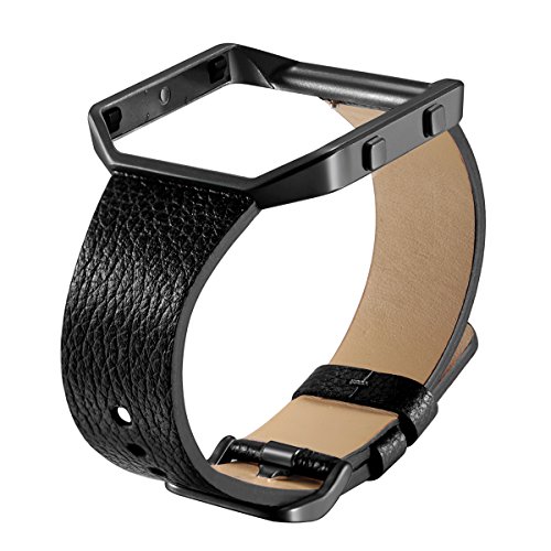 bayite Leather Bands with Frame Compatible Fitbit Blaze，Replacement Accessory Wristband Straps Women Men, Black
