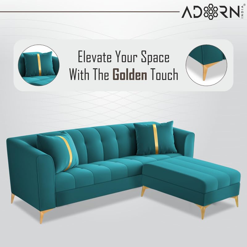 Image of Adorn India Premium Mystic - 3 Years Warranty - L Shape 4 Seater Sofa Set Velvet Suede Fabric - Aqua Blue