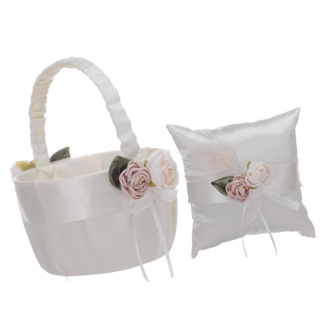 SHINEOFI Panier de Demoiselle D'honneur Mariage 2 Pièces Coussin D'alliances en Satin Blanc et Nœud en Dentelle, Décoration Fleurs, Accessoire Cérémonie Romantique