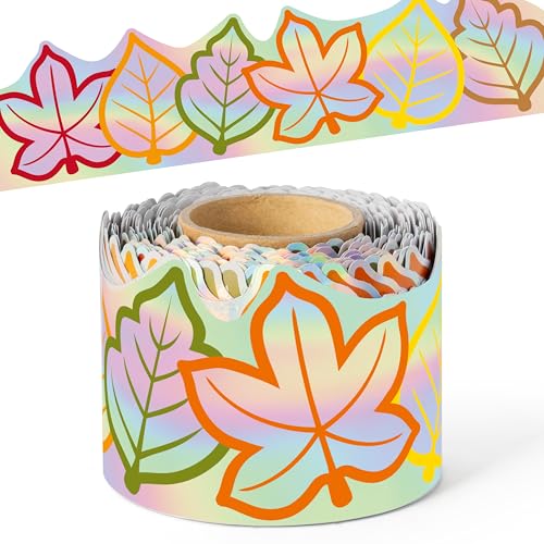 Image of BeYumi Fall Leaves Border Trim - 65ft Fall Maple Leaves Holographic Straight Rolled Border Trim Iridescent Autumn Thanksgiving Harvest Themed Bulletin Board Classroom Office Chalkboard Party Decor