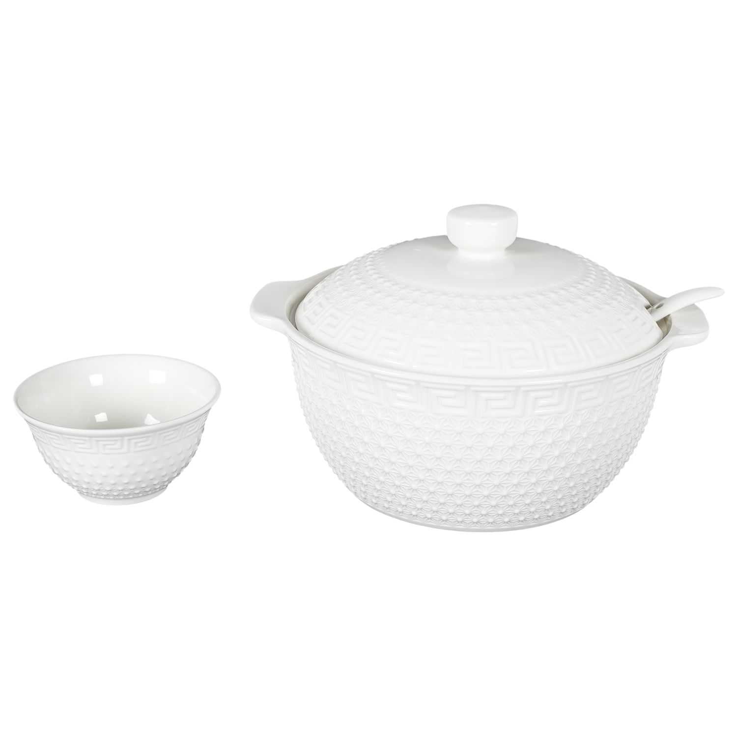 HOME DECO FACTORY - KA0279 Juego de Sopa 9 Piezas Porcelana - Sopera 2.7L, Cucharón, 6 Tazones - Diseño Elegante - Ideal para Cenas y Recepciones - Blanco - Tamaño Estándar