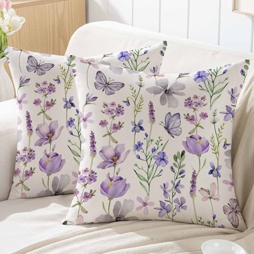 ViaElayu Housse de Coussin de Printemps 40x40 Motif Floral pour Canapé D'extérieur Taie Oreiller Coussin Decoratif Canape à Violet Gris Fleurs Feuilles...