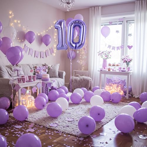 Image of TONIFUL Number Balloon 16 Inch 10 Pcs Purple 0-9 Birthday Number Balloons | Small Custom Digital Mylar Foil Ballons for Girl's Birthday Engagement Graduation Anniversary Baby Shower Party Decorations