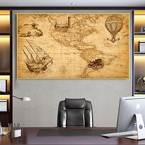 Toile art Vintage Carte Nautique Rétro Terre Carte Du Monde Affiche Mur Art Toile Imprimée Peinture Photo Bureau Décor À La Maison 80x150cm (31x59in) Sans Cadre