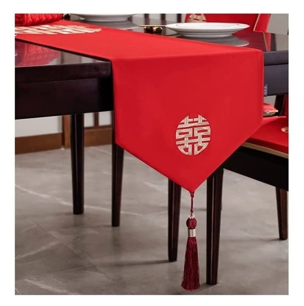Landhausstil Tischläufer Küche Bestickter Tischläufer Rot Hochzeitstischläufer Festlich Wort Teetisch Tischdecke TV Thekentuch Tabletop Dekor(33X80CM)