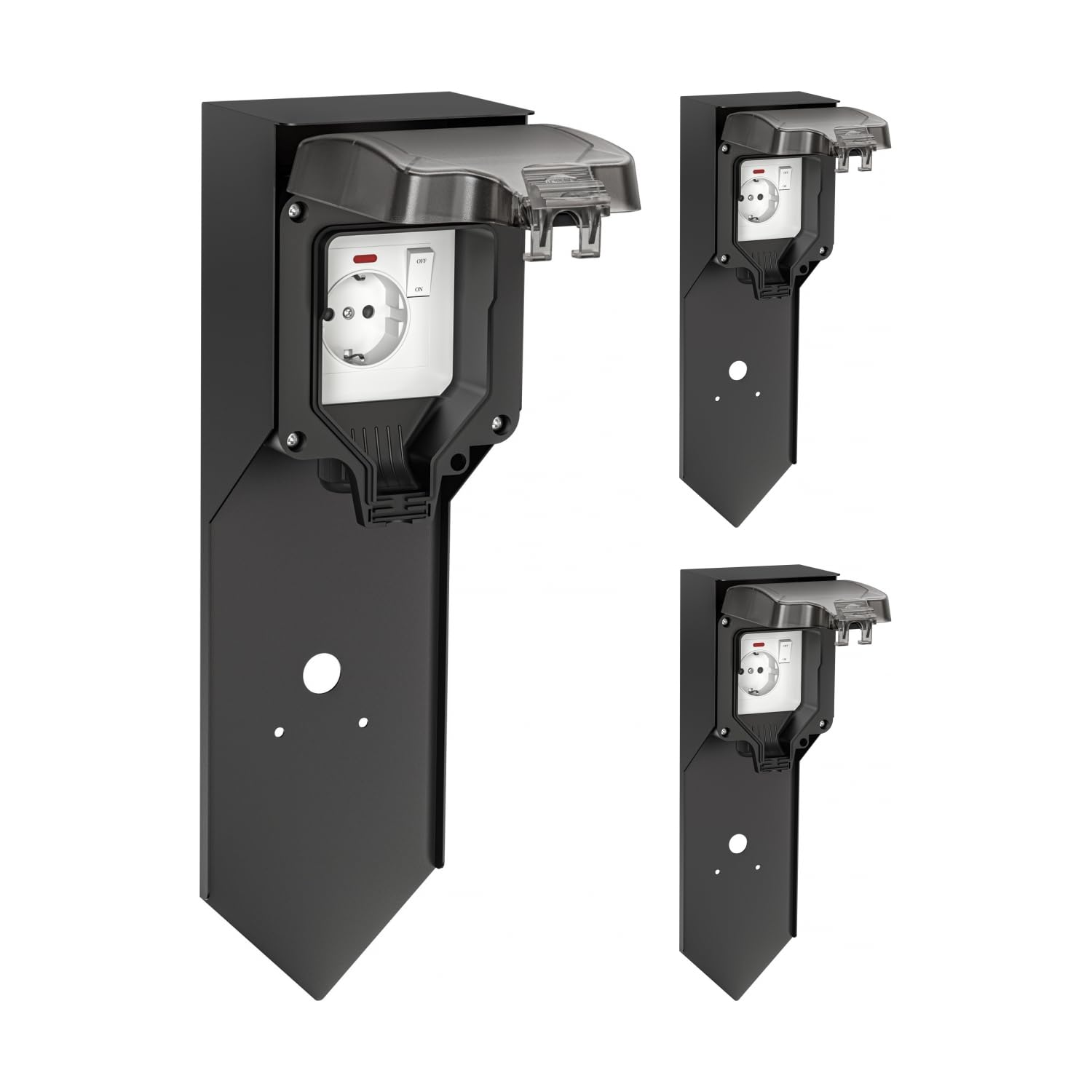 ledscom.de 3 Stück Garten Steckdosensäule POXO mit Erdspieß für außen, IP65, 1-fach, Edelstahl, schwarz, eckig, 40 cm