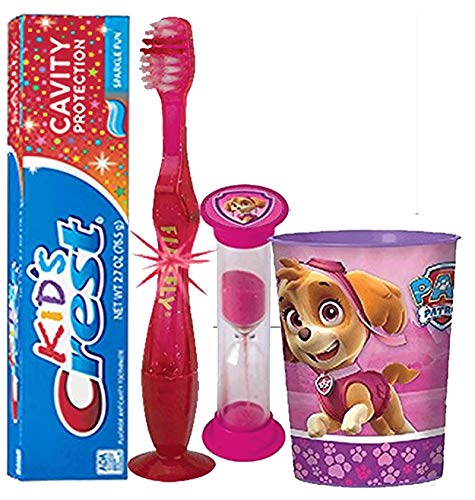 Girl Themed Licensed 4pc Bright Smile Oral Hygiene Bundles. Light Up Toothbrush, Toothpaste, Brushing Timer & Mouthwash Rinse Cup. Plus Dental Gift Bag & Tooth Saver Necklace (Paw Patrol-Skye)