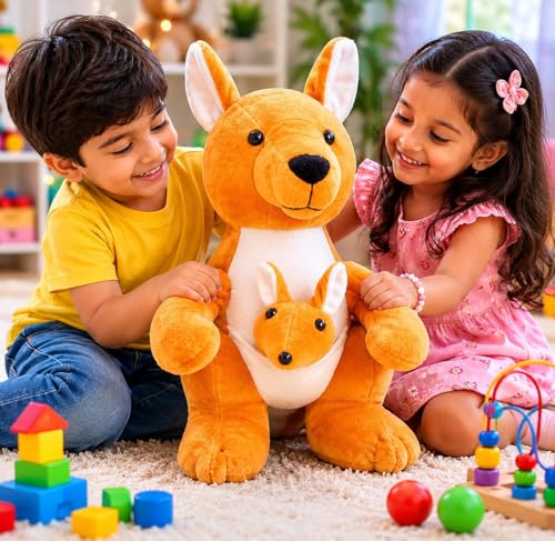 Image of Kangaroo Soft Toy with Baby Joey, Cute Plush Stuffed Animal Toy for Kids, Ultra Soft Cuddly Kangaroo Teddy, Huggable Plush Doll for Boys & Girls, Birthday Gift & Room Decor (35 cm)