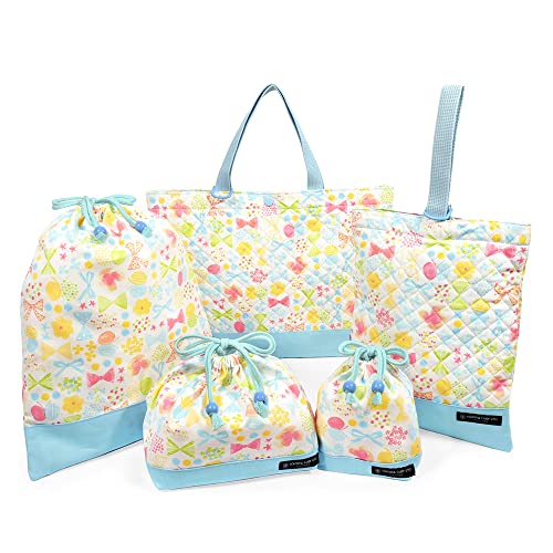 入園・入学5点セット キルティング (レッスンバッグQ/シューズケースQ/体操服袋/お弁当袋/コップ袋) フラワービーズとふんわりパステルリボン N8144200