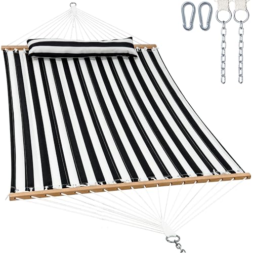 Image of GAFETE Hammock 2 Person Quilted Fabric Hammocks for Outside, Double 12ft Hammocks with Spreader Bar, Large Removable Pillow, Storage Bag, Carabiners, Max 475 lbs Capacity (Black White)