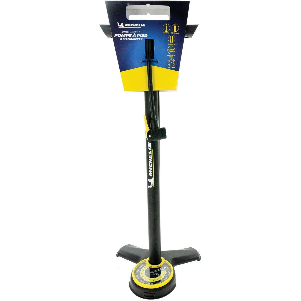 Pompe à Pied en Acier MICHELIN avec Manomètre - Pompe à Vélo Tri-Valve Compatible VTT, VTC, VAE