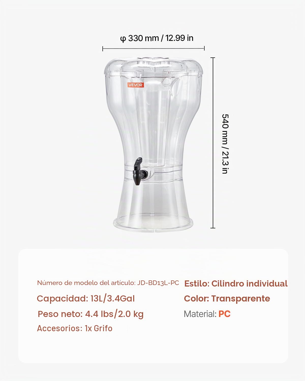 VEVOR Dispensador de Bebidas de 13 L para Fiestas, Plástico, con Grifo Antigoteo, Dispensador de Agua para Té Helado, Limonada, Zumo, para Restaurantes, Hoteles y Fiestas, 330 x 330 x 540 mm
