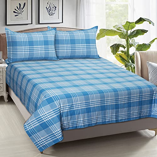 Image of AIRWILL, 200GSM Handloom Cotton Double Bedsheet with 2 Pillow Covers (Track Dobby Teal Blue)