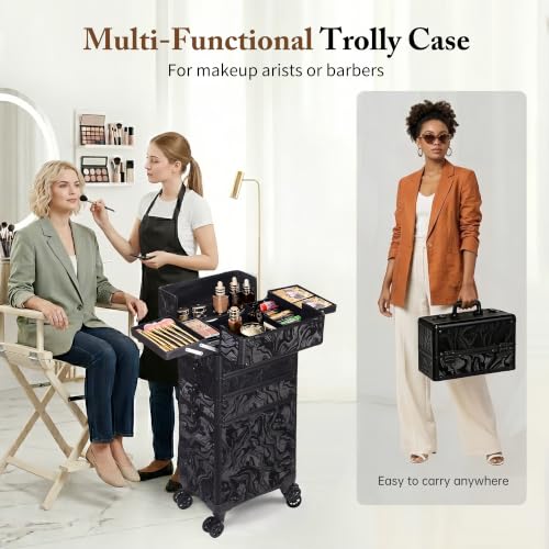 Image of 5 in 1 Rolling Makeup Train Case Professional Cosmetic Trolley Large Storage Organizer on Wheels for Hairstylist Artist Nail Beauty Salon Barber Alipine Black