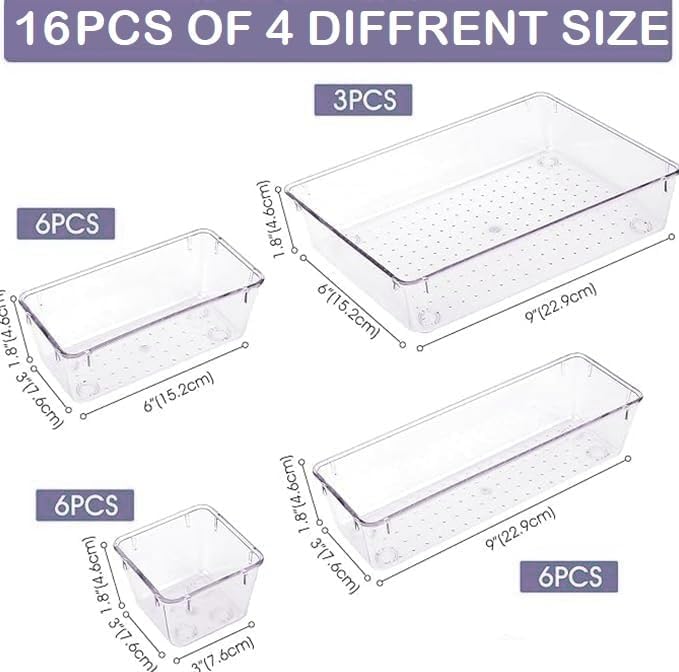 Image of 16 Pcs Clear Plastic Drawer Organizers Set - 4-Size Versatile Storage Trays for Bathroom, Vanity, Makeup, Kitchen Gadgets & Office Organization, Stationery Organizers Box