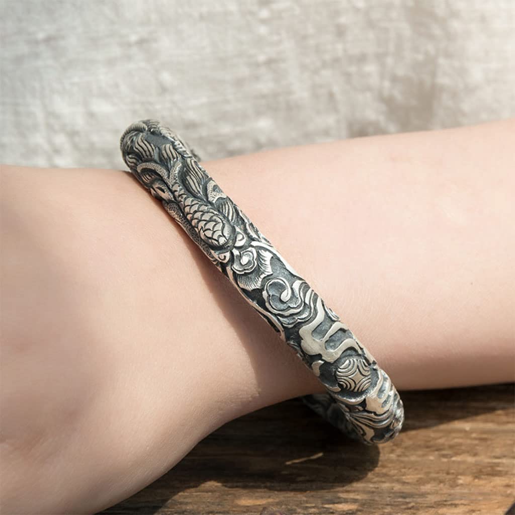 Viking Herren 999 Sterling Silber Armband, Handgemacht Nordisch Weinlese Drachen Totem Tattoo Drucken Manschette mit Offenem Armreif, Punk Gotisch Schmuck Geschenke