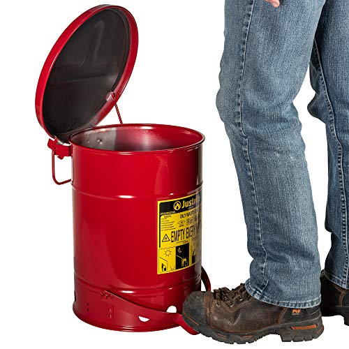 Justrite 6 Gallon Galvanized Steel Oily Waste Can – Self-Closing Lid For Safe Oil Rag Disposal, Made In USA, Red