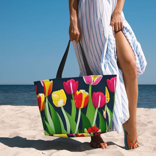 Large Capacity Beach Bag Waterproof Pool Tote for Gym Swimming Camping Carry On Bag Colorful Tulips pattern Print3