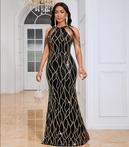 Image of Cololura Women Sexy Elegant Sequin Tassel Off Shoulder Halter Bodycon Maxi Dress Party Evening Gown Formal Dress