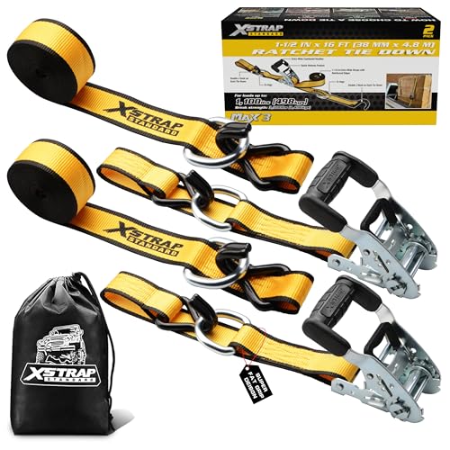 XSTRAP STANDARD 2 Pack 1.5'' x 16' Ratchet Tie Down Straps - 1,100 lb Safe Working Load, 3,300 lb Break Strength, Heavy Duty Double J-Hook Cargo Straps Ergonomic Padded Handle for Truck, Trailers