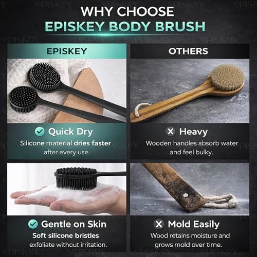 Image of Episkey Soft Silicone Back Scrubber Shower Bath Brush with Long Handle | Flexible Bristles for Smooth Skin | Exfoliating Brush | Body Scrubber for Women, Men & Boys| for Body Wash & Bathing