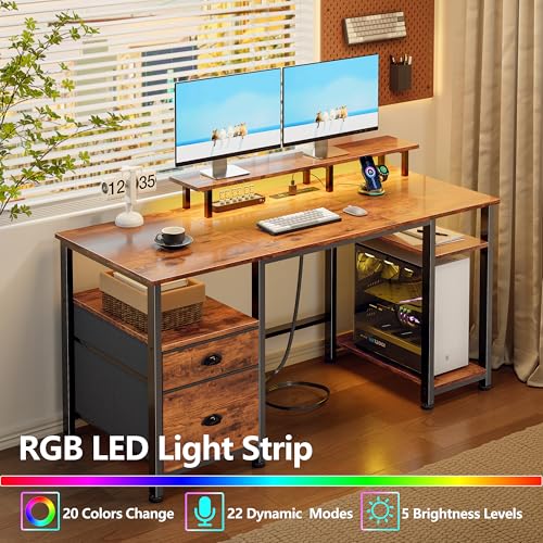 Image of Furologee 51 inch Computer Desk with Power Outlet and LED Lights, Reversible Home Office Desk with File Cabinet & Monitor Stand, Large Gaming Table with Storage Shelves & Drawer, Rustic Brown