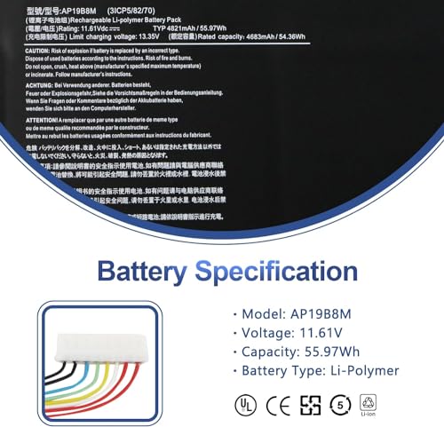 Image of WeFly AP19B8M Laptop Battery Replacement for Acer Swift 3 SF314-59 SF314-59-78Z8 SF314-59-56K4 TravelMate TMP414-51-54HA P4 TMP414-51 Porsche Design Book RS AP714-51GT-75VS 11.61V 3Cell