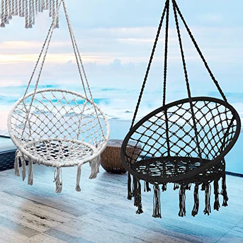 Image of Garpans Hammock Chair Swing Set of 2 Bohemian Style Macrame Hammock with Tassels Hanging Swing Chair Handmade Knitted Cotton Rope for Indoor Outdoor Bedroom Patio Max 330 Lbs Beige&Black