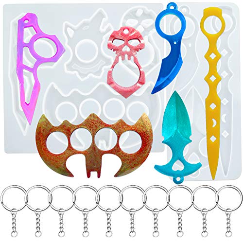 2 PCS Self Defence Resin Silicone Molds, Brass Knuckles Keychain Casting Molds with 10 Key Rings for DIY Crafts, Handmade Gifts