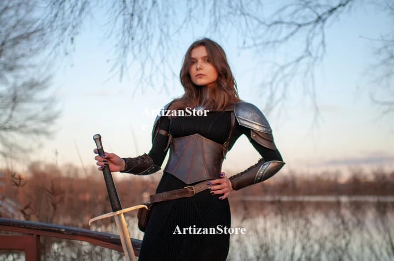 ARTIZANSTORE Medieval Steel Pauldrons with Leather Gorget Princess Armor Costume - Cosplay - LARP - Renaissance Halloween Costume