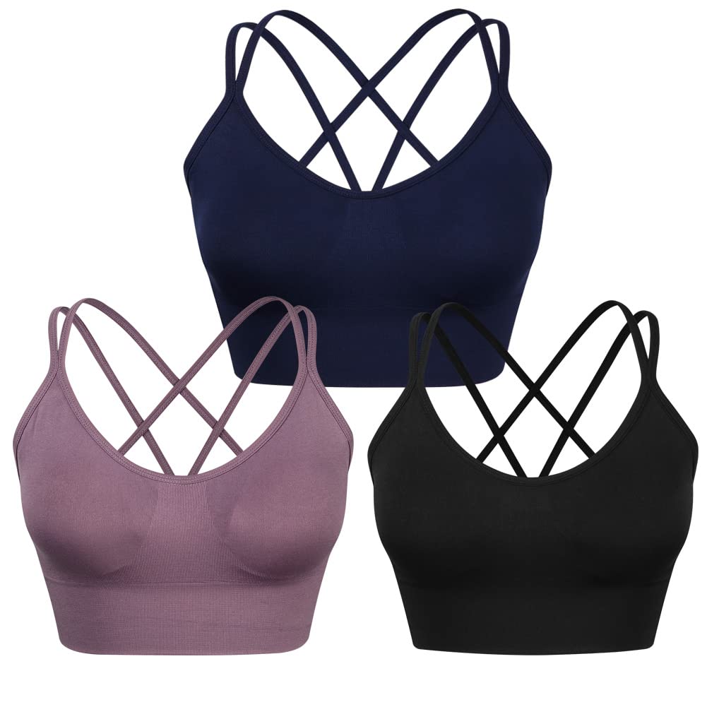 Size: L WANAYOU Women's Strappy Sports Bra for Women Cross Back Low Impact Yoga Bra 3 Pack Sexy Criss Cross Workout Bras for Fitness Running Gym (3 Pack(Black+Purple+Blue), Large)
